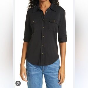 FRAME 70s Knit Button-up Shirt Black Size Small Minimalist Monochrome Casual